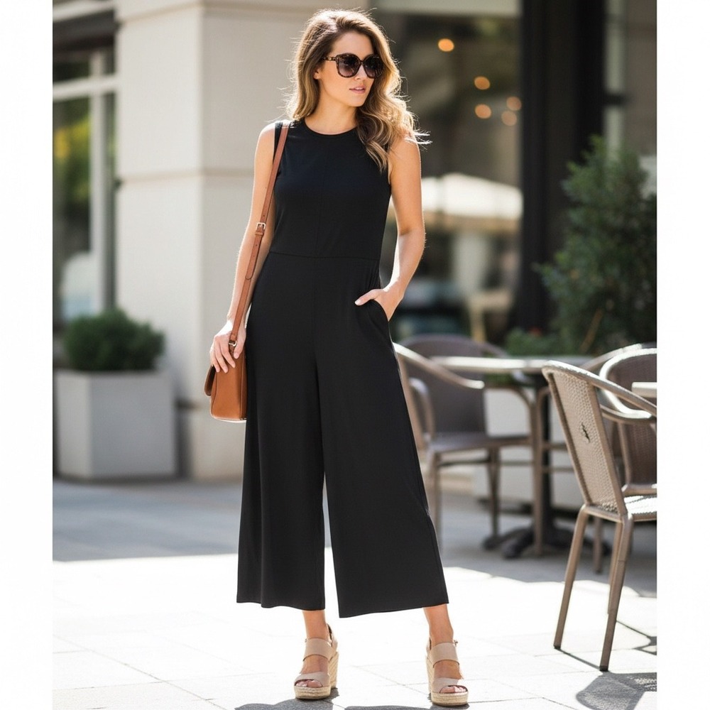 Banana Republic Black Sleeveless‎ Wide Leg Knit Jumpsuit Palazzo Pockets Size 4